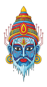 A stylized blue deity's head with a frozen icicle beard, ornate crown, and integrated circuit board patterns.