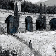 A lone figure walks toward a large arched structure with tall, dark trees or shrubbery. The scene is depicted in grayscale, with a grassy foreground.