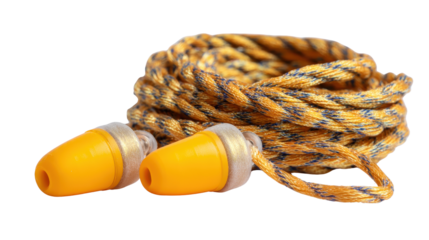 Earplugs with cord coiled beside them background isolated on a Transparent background, PNG file.