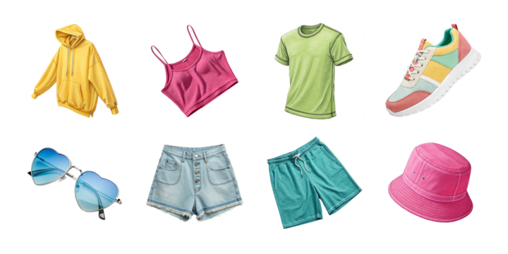 Assortment of colorful summer clothing and accessories including hoodie, tank top, t-shirt, shorts, sneakers, bucket hat, and sunglasses on white background