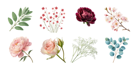 Realistic assorted spring floral clipart set with roses peonies cherry blossoms baby’s breath and foliage on white background