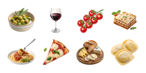 Traditional Italian cuisine elements with olives wine tomatoes lasagna pasta ravioli pizza and assorted cheese board on white background