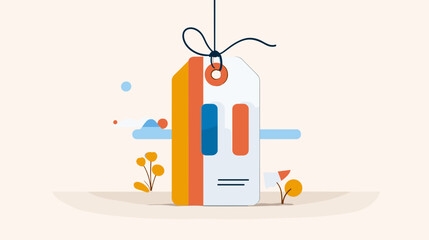 Colorful tag design with abstract shapes and floral elements  