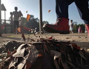 Red boot kicks sand and leaves