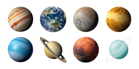 Realistic solar system planet collection including Earth Mars Venus Jupiter Saturn Uranus Neptune and Mercury on white background