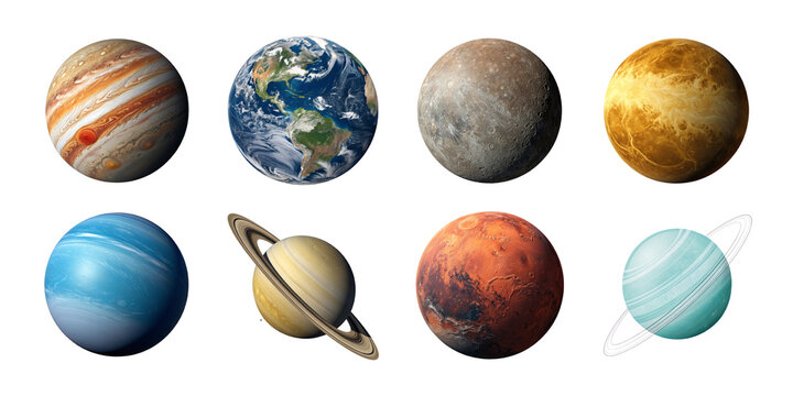 Realistic solar system planet collection including Earth Mars Venus Jupiter Saturn Uranus Neptune and Mercury on white background