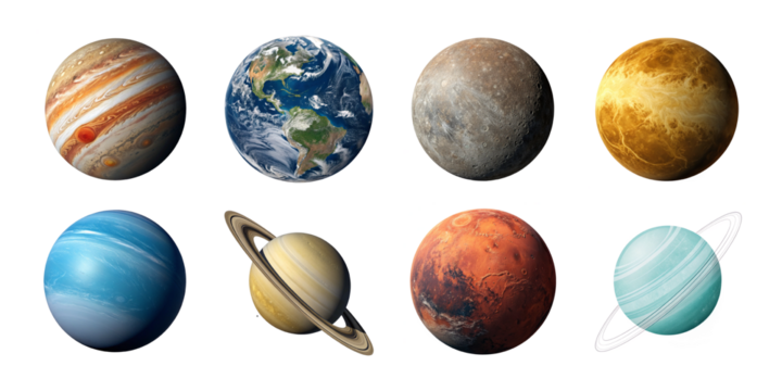 Realistic solar system planet collection including Earth Mars Venus Jupiter Saturn Uranus Neptune and Mercury on white background