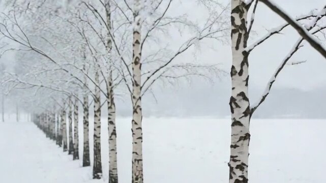 Snow covered birch trees form a striking line through the tranquil winter landscape