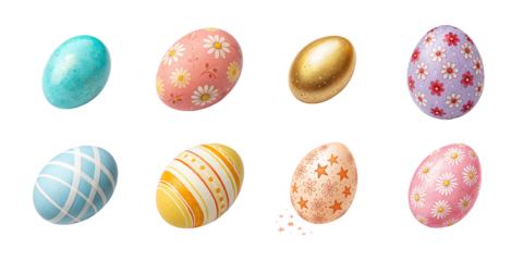 Decorative Easter eggs with vibrant colors, floral and geometric patterns, metallic finishes, and festive designs for holiday celebration