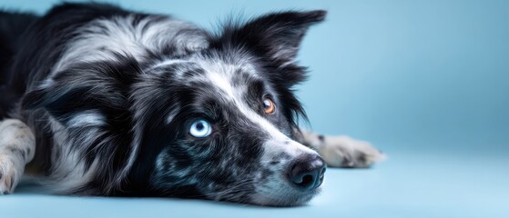 The captivating portrait of a relaxed border collie with striking blue eyes.
