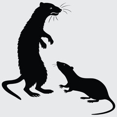 Ferret and rat in a spy-style stand-off image silhouette design vector art and illustration