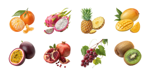 Variety of tropical and exotic fruits including mango kiwi dragonfruit pomegranate and passionfruit on white background