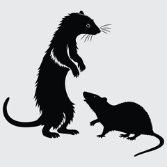 Ferret and rat in a spy-style stand-off image silhouette design vector art and illustration