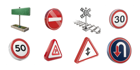 3D traffic signs collection featuring speed limits, warning symbols, prohibition signs, and directional road indicators