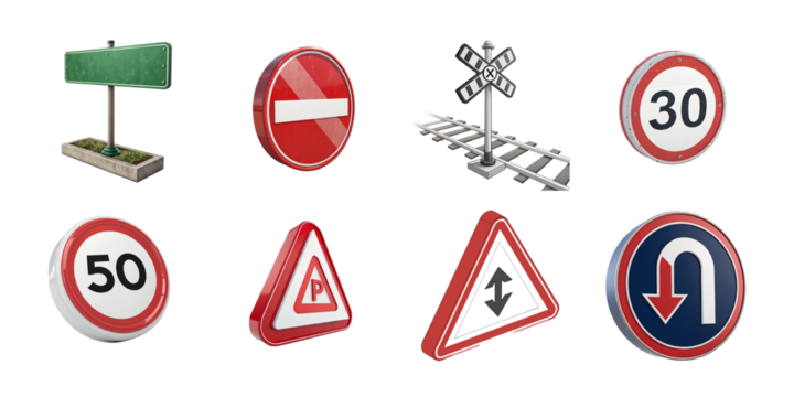 3D traffic signs collection featuring speed limits, warning symbols, prohibition signs, and directional road indicators