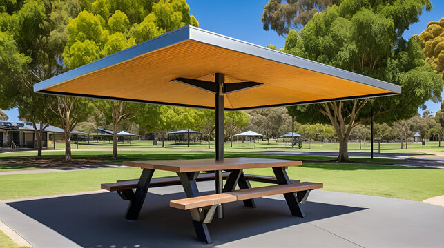 A covered shelter with a picnic table in a well-designed public space at a suburban neighborhood park in Australia, offering a recreational spot for outdoor activities and community enjoyment.