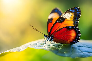 Obraz premium a butterfly sitting on a leaf with a bright background