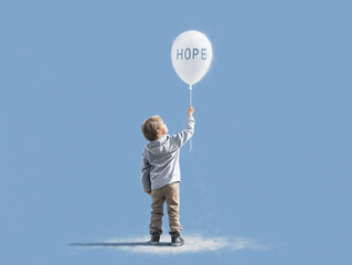 Child's Hope: A young child joyfully reaches towards a white balloon, its surface inscribed with HOPE, symbolizing optimism and aspirations against a clear, light blue sky.