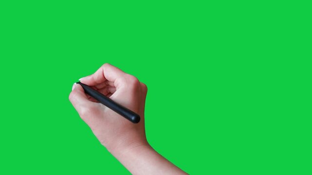 A woman's hand draws a double underline with a stylus. Female hand gesture drawing with stylus on chroma key green screen background. Girl's hand guesture with stylus: double underline, double line