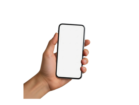 Mobile mockup in hand for app presentation or advertising on modern smartphone device with blank screen