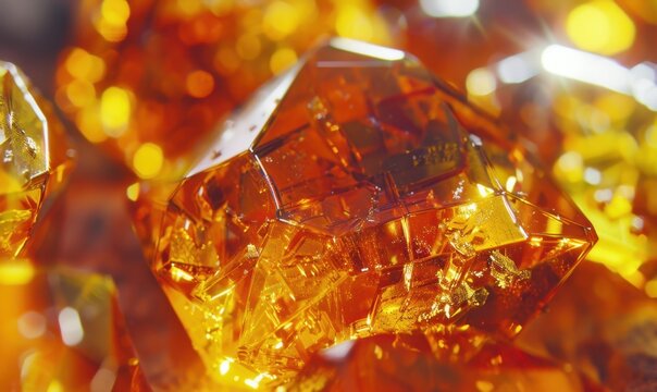 Raw amber gemstone with sparkling reflections and complex interior structure