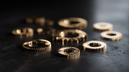 Golden gears arranged on a dark surface.