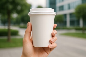 Hand holding blank takeaway coffee cup in urban park