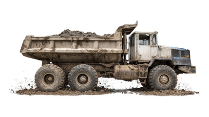 Obraz premium Earth moving truck with open tailgate and scattered dirt below isolated on a Transparent background, PNG file.