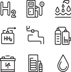 Hydrogen and Alternative Energy Icon Pack – Fuel Cell Technology, Electrolysis, Water Split System, and Energy Storage