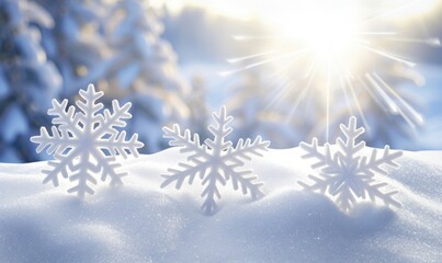 Snowflake decorations on snowdrift in winter sunlight holiday season theme