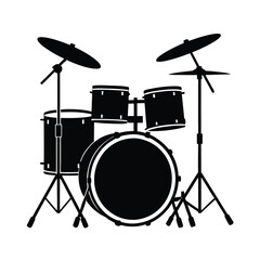 Drum kit isolated studio shot of a rock band's drum kit percussion instrument set with cymbals and a tripod, perfect for music equipment illustrations.