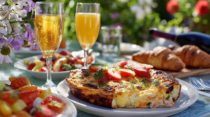 Brunch outdoors features quiche, salad, croissants, and sparkling drinks. Depicts abundance, luxury. Ideal for food blogs, marketing, and editorial use.