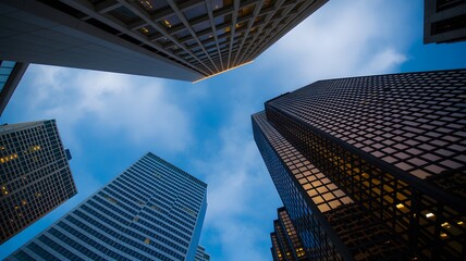 Looking up at modern skyscrapers against a dramatic cloudy sky