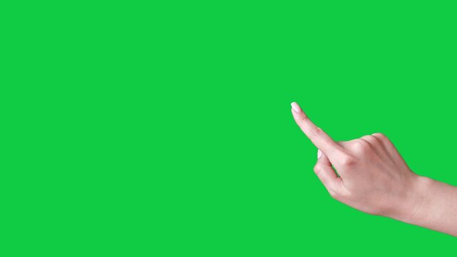 Swipe left right gesture. Female hand scrolls down swiping on chroma key green screen background. Using smartphone, tablet pc touchscreen. Interface concept. Scroll up and down and tap with 1 finger