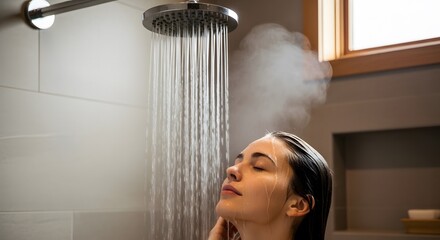 Invigorating Shower Woman Enjoying a Refreshing and Relaxing Shower Experience with Steam in a Modern Bathroom Setting with Neutral Tones