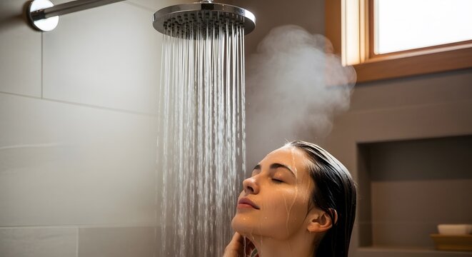 Invigorating Shower Woman Enjoying a Refreshing and Relaxing Shower Experience with Steam in a Modern Bathroom Setting with Neutral Tones