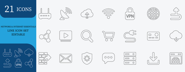 Line icon set of internet, wifi, VPN, cloud, server, router, firewall, connection, digital network, search, download, email, chat and  more