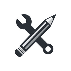 Crossed wrench and pencil symbolizing tools for repair and creativity against a plain background