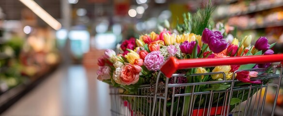 The vibrant bouquet of flowers in a shopping cart.