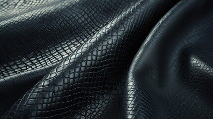 Naklejka premium Close-up of black leather texture and pattern with a rich, grainy surface with subtle creases and folds for product promotion or luxury brand backgrounds.