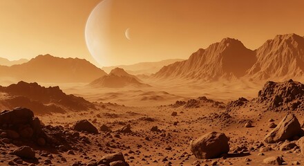 Alien planet landscape with rocky terrain and distant moons in orange sky mars red planet