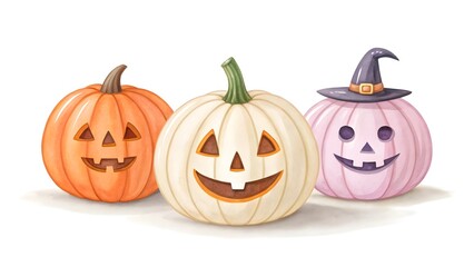 Three carved halloween pumpkins with smiling faces on white background