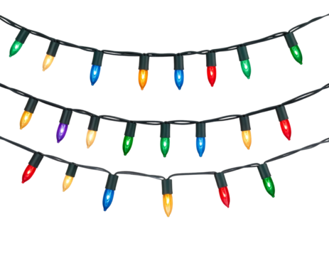 Curved String of Multicolored Christmas Lights, Glowing Bulbs, Front View, Transparent Background PNG