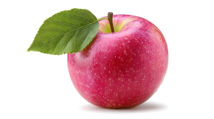 Whole red pink apple with green leaf isolated on white background fresh fruit clean look with clipping path