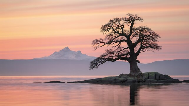Ancient oak tree on rocky island at sunset image