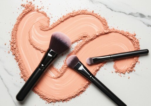 Makeup brushes and peach powder on marble