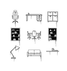 Minimal Office Graffiti Vector File – Includes Bookshelves, Filing Cabinets, Work Desk, Meeting Chairs and Modern Setup Icons with Balanced Drip Effect