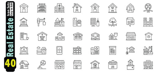 Collection of 40 black and white real estate icons in a grid icon set building