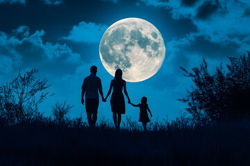 a family is walking in the grass under a full moon
