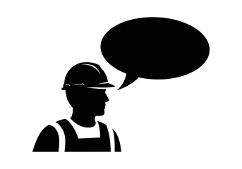 A silhouette of a construction worker with a speech bubble isolated on white